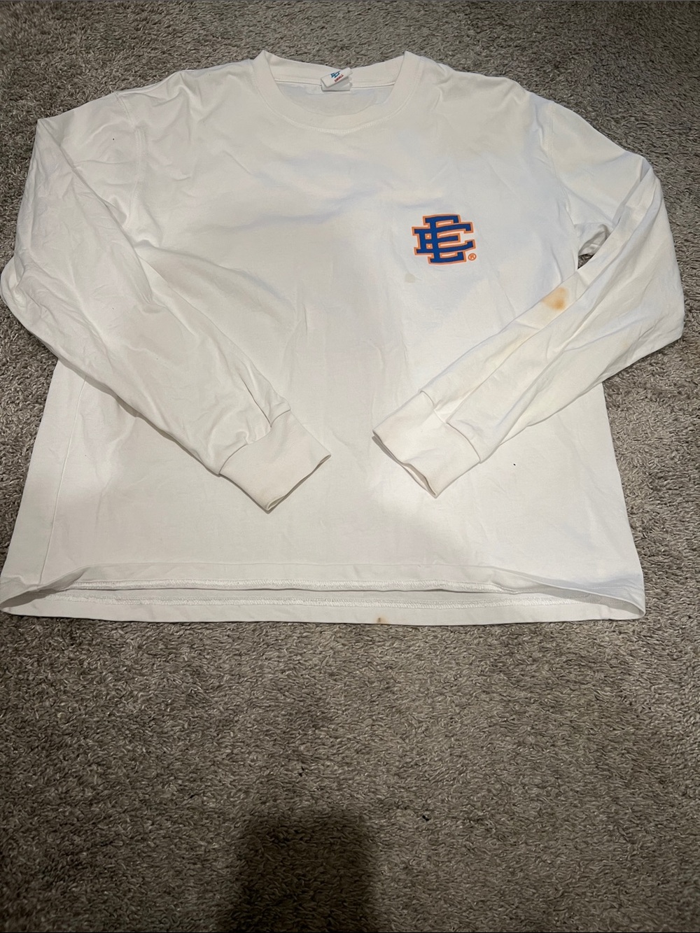 Eric Emmanuel White Long-Sleeve Tee with Blue & Orange Chest Logo size small